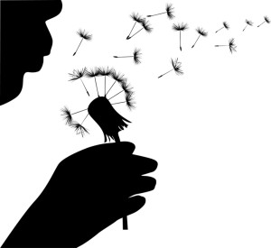 illustration with human blowing on dandelion